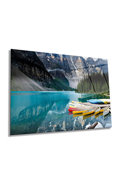 Rosyvien Peisaj de canoe colorate pe lac Tablou orizontal din sticlă, decor d...