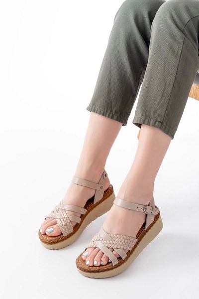 TB Terzi Bey 730-138 Beige Knitted Genuine Leather Orthopedic Sole Women's Sandals