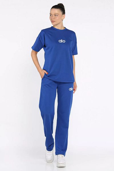 GÜLSELİ Saxblue Crew Neck Embroidered Women's T-Shirt Pants Double Suit