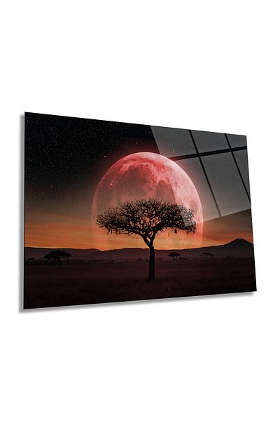 Rosyvien Red Sky Tree and Full Moon Horizontal Glass Painting, Modern, Home and Office Wall Decoration, Luxury Gift