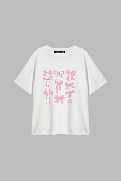 CİNEMA MODA Tricou alb de damă cu imprimeu drăguț și fundă, croială relaxată