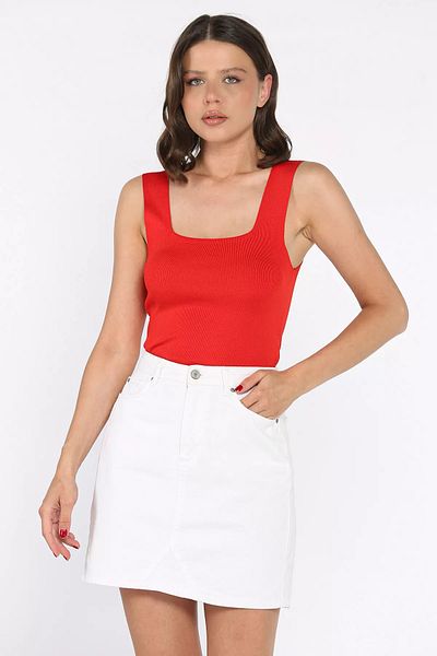 GÜLSELİ Red Square Collar Strap Lycra Women's Knitwear Blouse