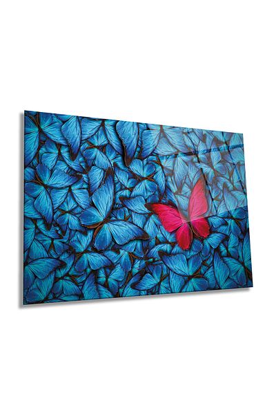Rosyvien Pictură pe sticlă orizontală cu fluturi albaștri și roșii, decor de perete pentru casă și birou, cadou de lux