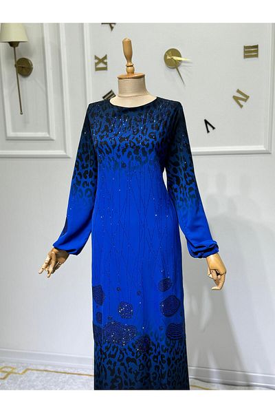 ModaMinar Women's Dubai Chiffon Fabric Dress with Elastic Sleeves Leopard and Stone Detail