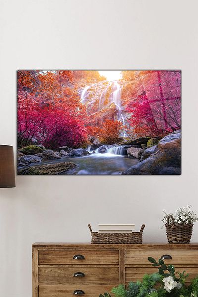 Rosyvien Autumn Leaves Nature Waterfall Landscape Horizontal Glass Painting, Home and Office Wall Decoration, Luxury Gift