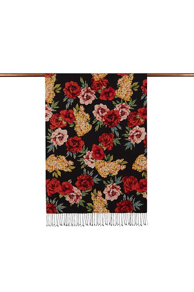 ipekevi Black Red Summer Bouquet Patterned Silk Shawl