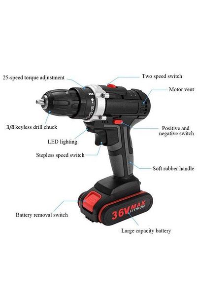 Lumely 36V Electric Impact Cordless Drill,Dual Range Variable Speed Control,1300mAh Capacity Li-Ion Battery