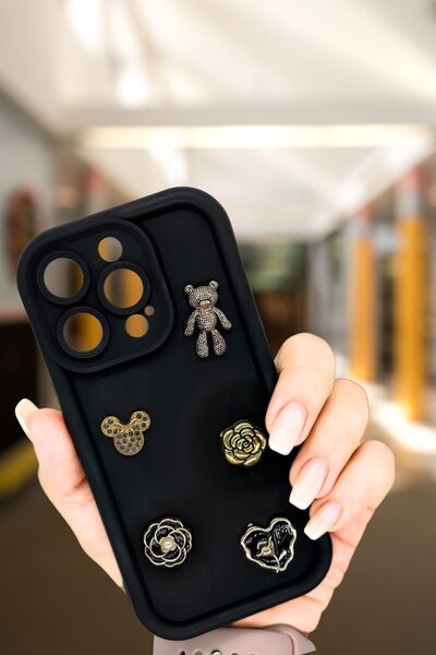 PSGT apple İphone 15 pro kılıf Tasarımlı Desenli Kamera Korumalı siyah çiçekl...