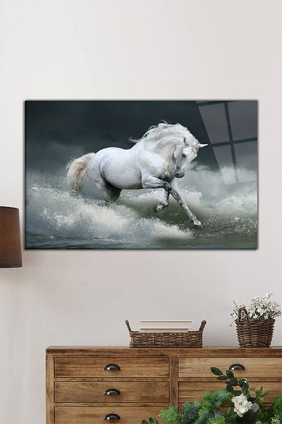 Rosyvien Horse Animal Portrait in Waves Horizontal Glass Painting, Home and Office Wall Decoration, Luxury Gift