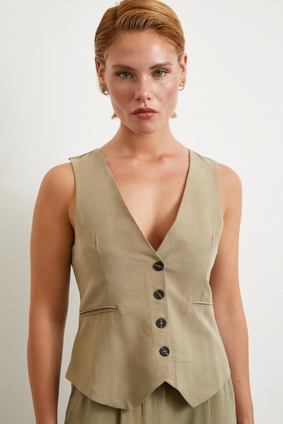 Never more Pocket Covered Linen Vest Khaki
