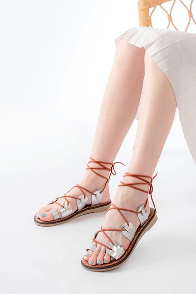TB Terzi Bey 205-01 Silver Ankle Strap Orthopedic Genuine Leather Women's Sandals