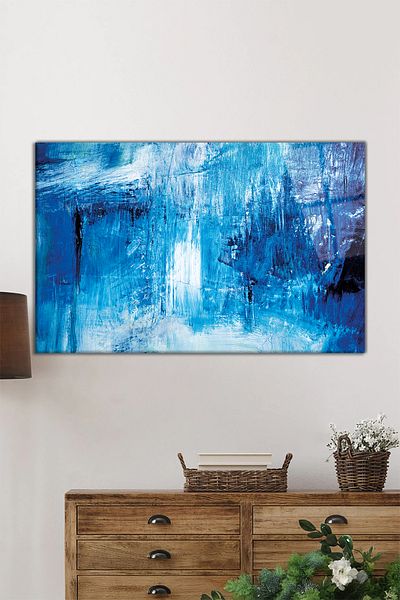 Rosyvien Pictură pe sticlă orizontală cu design albastru abstract, modernă, decor de perete pentru casă și birou, cadou de lux