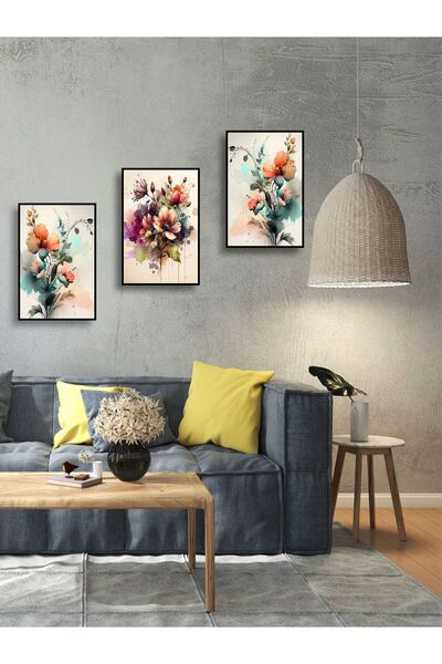 YALOVA SHOP Dekoratif Yağlıboya Tarzı Çiçek Temalı 3 lü Tablo Seti (Her Bir Tablo Ölçüsü 20 x 30 cm)