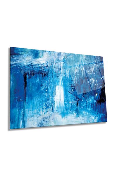 Rosyvien Pictură pe sticlă orizontală cu design albastru abstract, modernă, decor de perete pentru casă și birou, cadou de lux