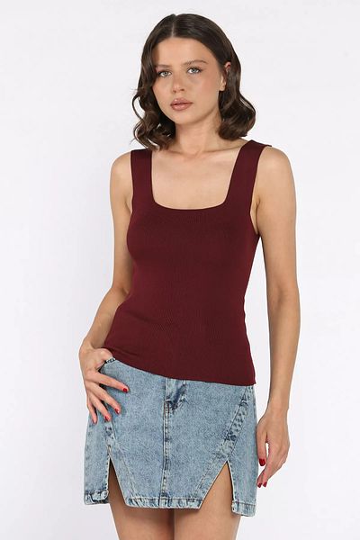GÜLSELİ Burgundy Square Collar Strap Lycra Women's Knitwear Blouse