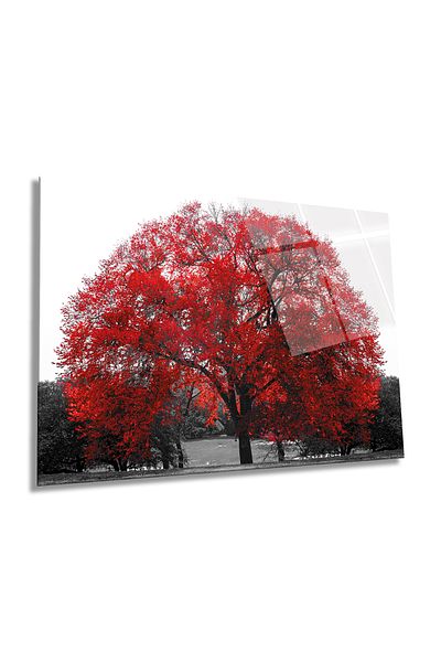 Rosyvien Red Leafed Tree Horizontal Glass Painting, Nature, Home and Office Wall Decoration, Luxury Gift
