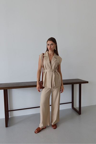 FİOXCO Softy Belted Vest Palazzo Woven Linen Suit