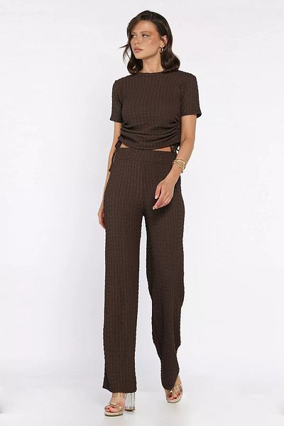 GÜLSELİ Coffee Side Gathered Women's Blouse Pants Double Set