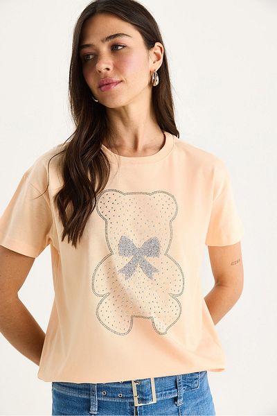 Bianco Lucci Women's Teddy Ribbon Detailed Stone T-Shirt 60602035