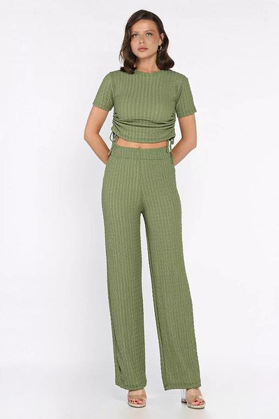 GÜLSELİ Khaki Side Gathered Women's Blouse Trousers Double Set