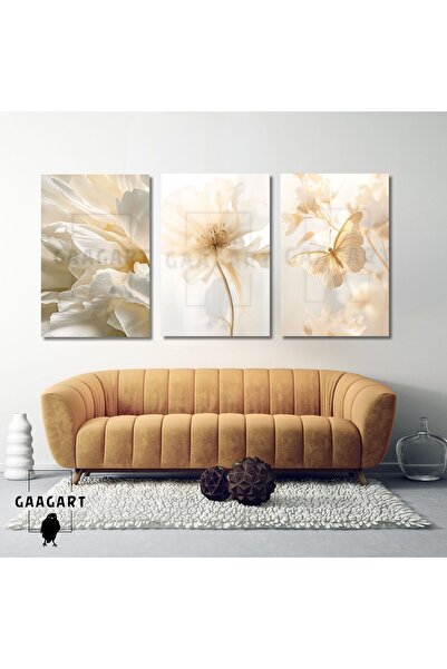 GAAGART 3'lü Kanvas Salon Tablosu Seti Kremrengi Soft Kelebek ve Çiçek
