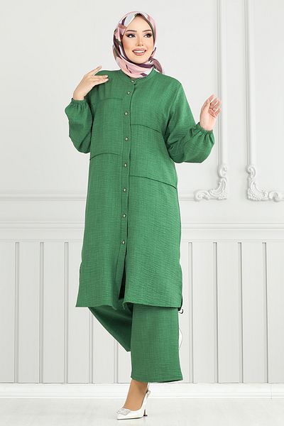 ModaMerve Front Button Hijab Suit 3114Hbs932-M Green