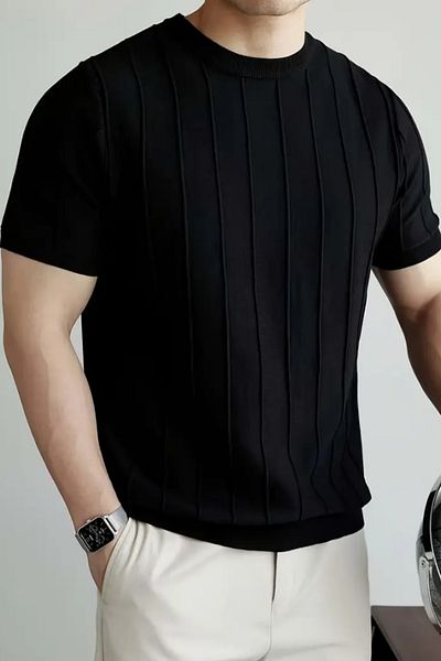 Tarz Cool Vibrant Black Men's Round Neck Knitted T-Shirt