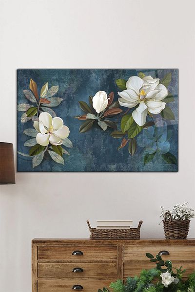 Rosyvien Ilustrație de flori albe Pictură orizontală pe sticlă, peisaj natural, decor de perete pentru casă și birou, cadou de lux