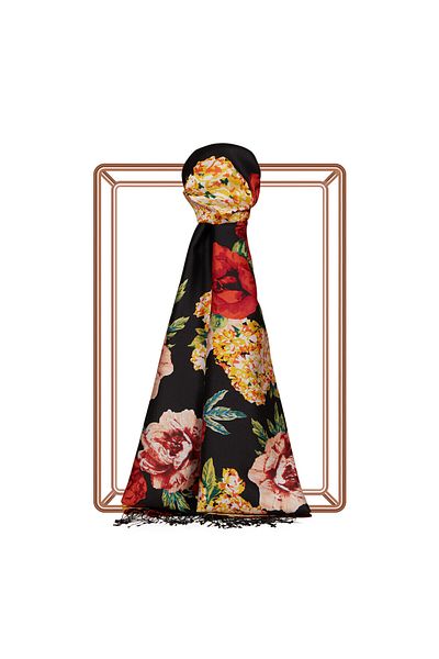 ipekevi Black Red Summer Bouquet Patterned Silk Shawl