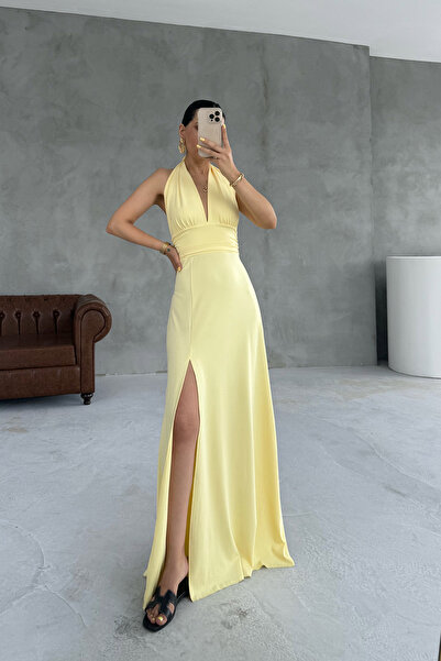 Seda Yalçın Atelier Sera Neck Tie Back Low Cut Slit Yellow Dress