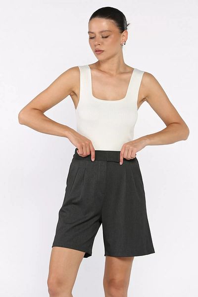 GÜLSELİ Anthracite Women's Elastic Waist Pleated High Waist Velcro Shorts