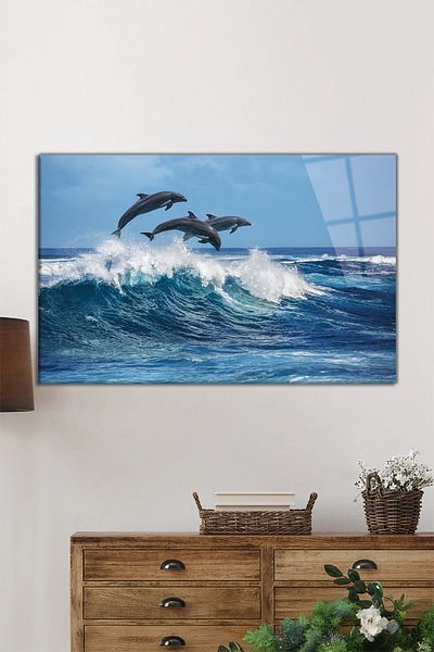 Rosyvien Dolphins Jumping Waves Animal Portrait Horizontal Glass Painting, Home and Office Wall Decoration, Luxury Gift