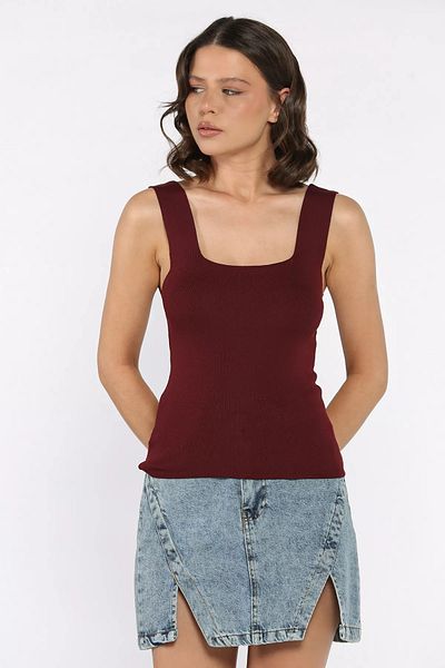 GÜLSELİ Burgundy Square Collar Strap Lycra Women's Knitwear Blouse