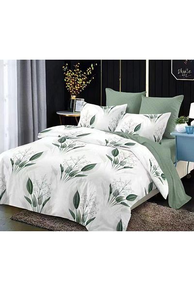 trendyhome Bed Linen, Fine Cotton, 6 Pieces, Leaves, Green/White, HR24217