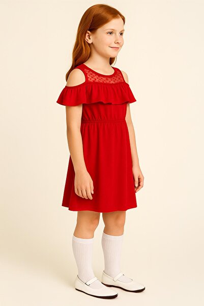 Perendi Κοριτσίστικο βολάν με δαντέλα Λεπτομερές βαμβακερό κόκκινο φόρεμα