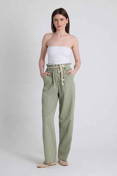 Rays Olive Green Linen Look 100% Cotton Gathered Waist Straw Belt Wide Leg Trousers 6941