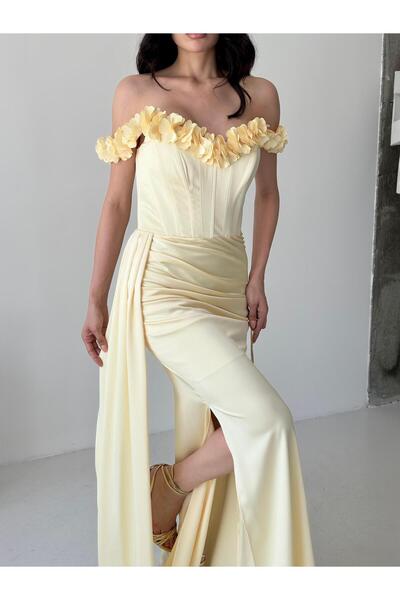 Serica Moda Sarı Çiçek Detaylı Önü Büzgülü Uzun Saten Elbise