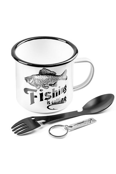 Gadget Master Gift Set – Enamel Mug, Multifunctional Outdoor Tool, and Fish-Themed Keychain