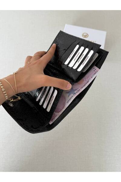 DERKON Crocodile Patterned Medium Size Genuine Leather Women's Wallet Black Color