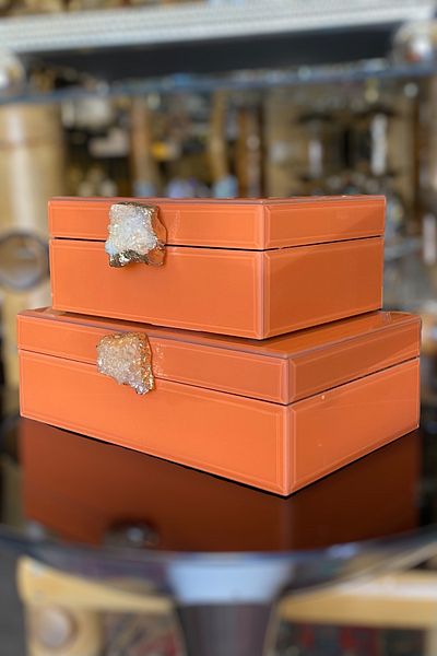 LEMİ DEKORASYON Natural Stone Detailed Lacquer Wood Orange 2-Piece Decorative Box 15*19-17*25 cm