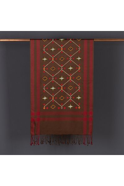 ipekevi Coffee Kilim Patterned Cross Stitch Prime Silk Shawl