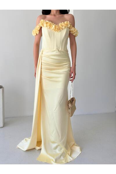 Serica Moda Sarı Çiçek Detaylı Önü Büzgülü Uzun Saten Elbise