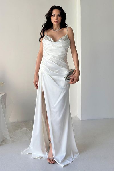 Serica Moda White Bust Stone Detailed Draped Slit Satin Evening Dress