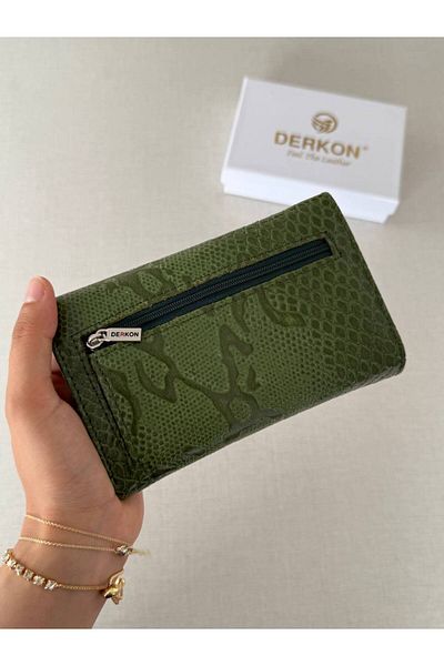 DERKON Crocodile Patterned Medium Size Genuine Leather Women's Wallet Green