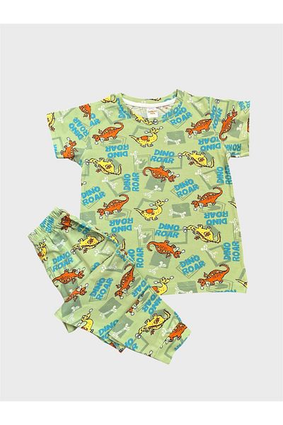 elmas kids Boy's 100% Cotton Green Dinosaur Patterned Short Sleeve Summer Pajamas Set