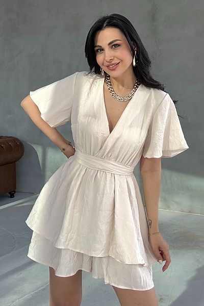 Seda Yalçın Atelier Beige Mini Dress with Elastic Waist Belt