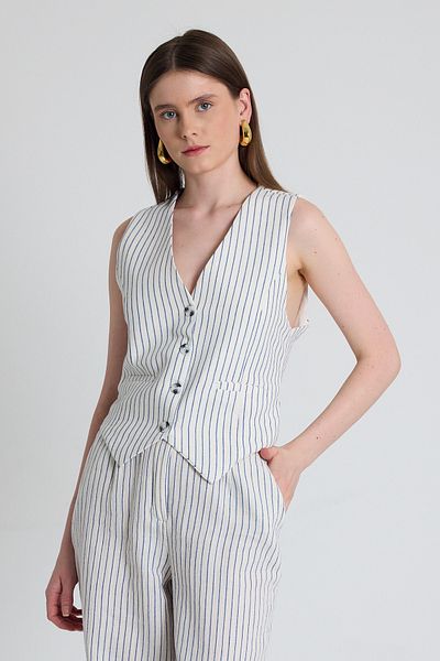 Rays Blue Linen Look 100% Cotton Striped Vest 2323
