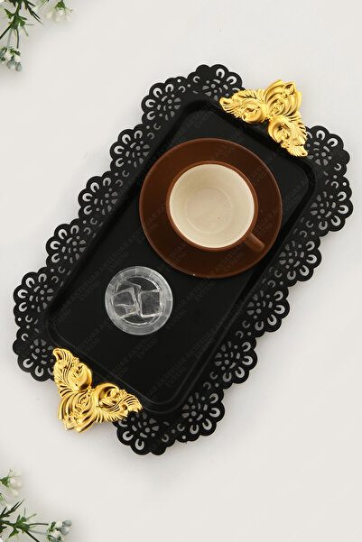 AKSESUAR EVRENİ SETA Siyah Dantel Kenarlı Oyma Detaylı Gold Aksesuar Kulplu D...
