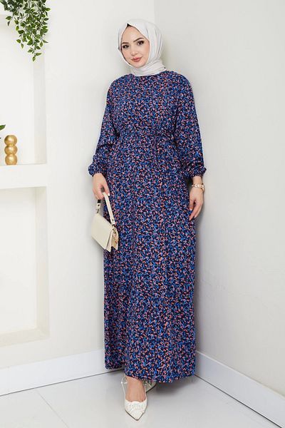 Moda MSK Floral Pattern Belted Dress Navy Blue
