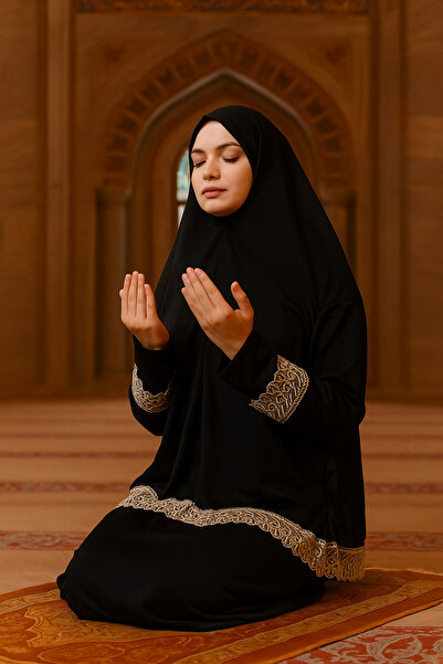 Genel Markalar İki parça etekli dantelli kadın namaz elbisesi düz renk